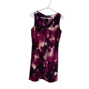 Ann Taylor LOFT Sleeveless Floral Dress Womens Sz 8P Purple Twist Ruffle V-Neck
